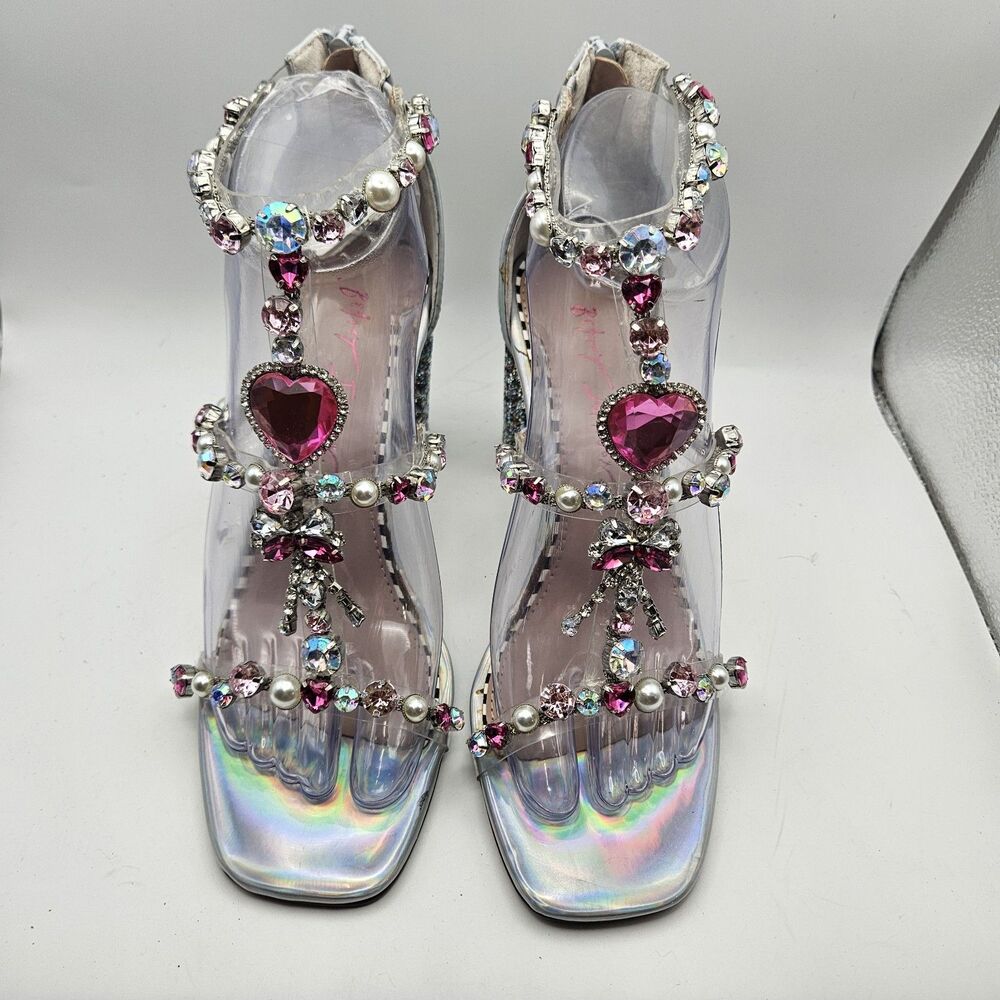 Betsy Johnson Astridd Jeweled Heels Baddie Bling Rhinestone Club 3.25" Sz 7 READ